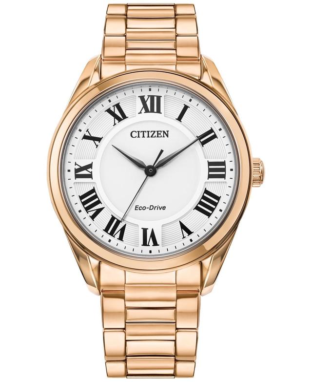 Citizen Eco-Drive Womens Arezzo Rose Gold Tone Stainless Roman Accent Dial Bracelet Watch - EM0973-55A Rosegold Product Image