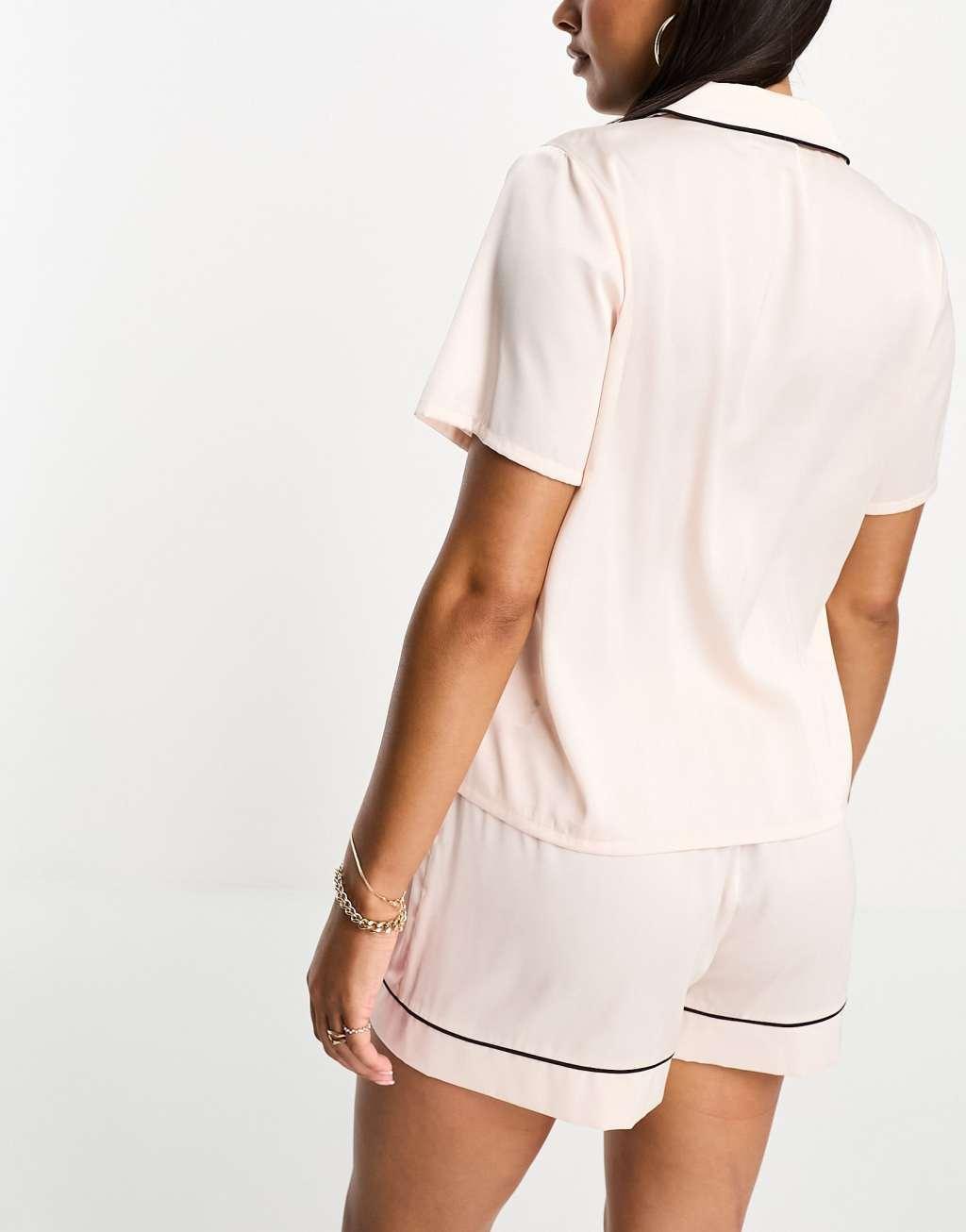 ASOS DESIGN satin short sleeve shirt & short pajama set in pink Product Image