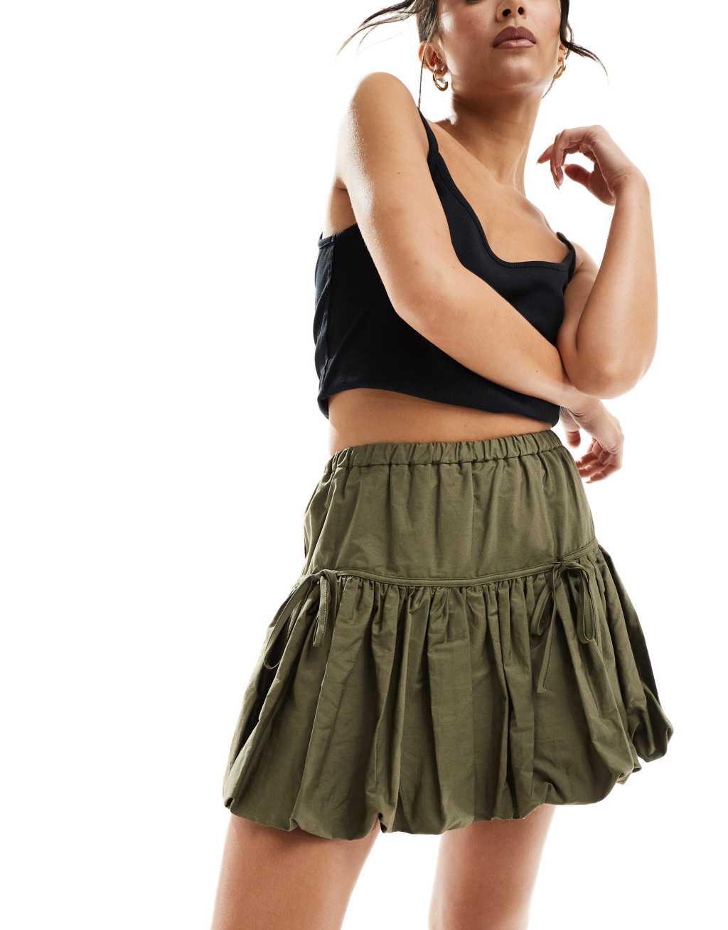 Miss Selfridge poplin puffball mini skirt in khaki Product Image