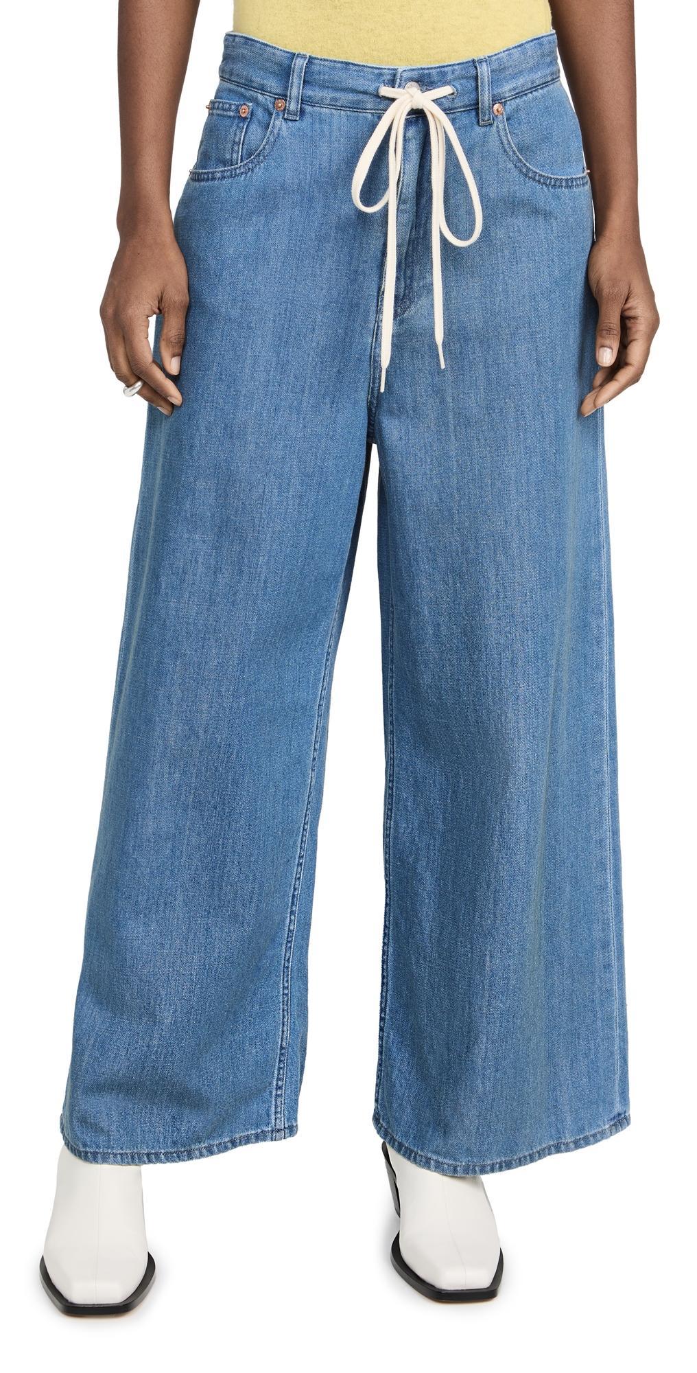 Womens High-Rise Drawstring-Waist Wide-Leg Jeans Product Image