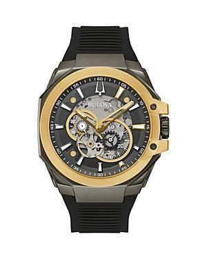 Men's Bulova Maquina Marc Anthony Gold-Tone IP Chronograph Silicone Strap Watch with Grey Skeleton Dial (Model: 98A310) Product Image