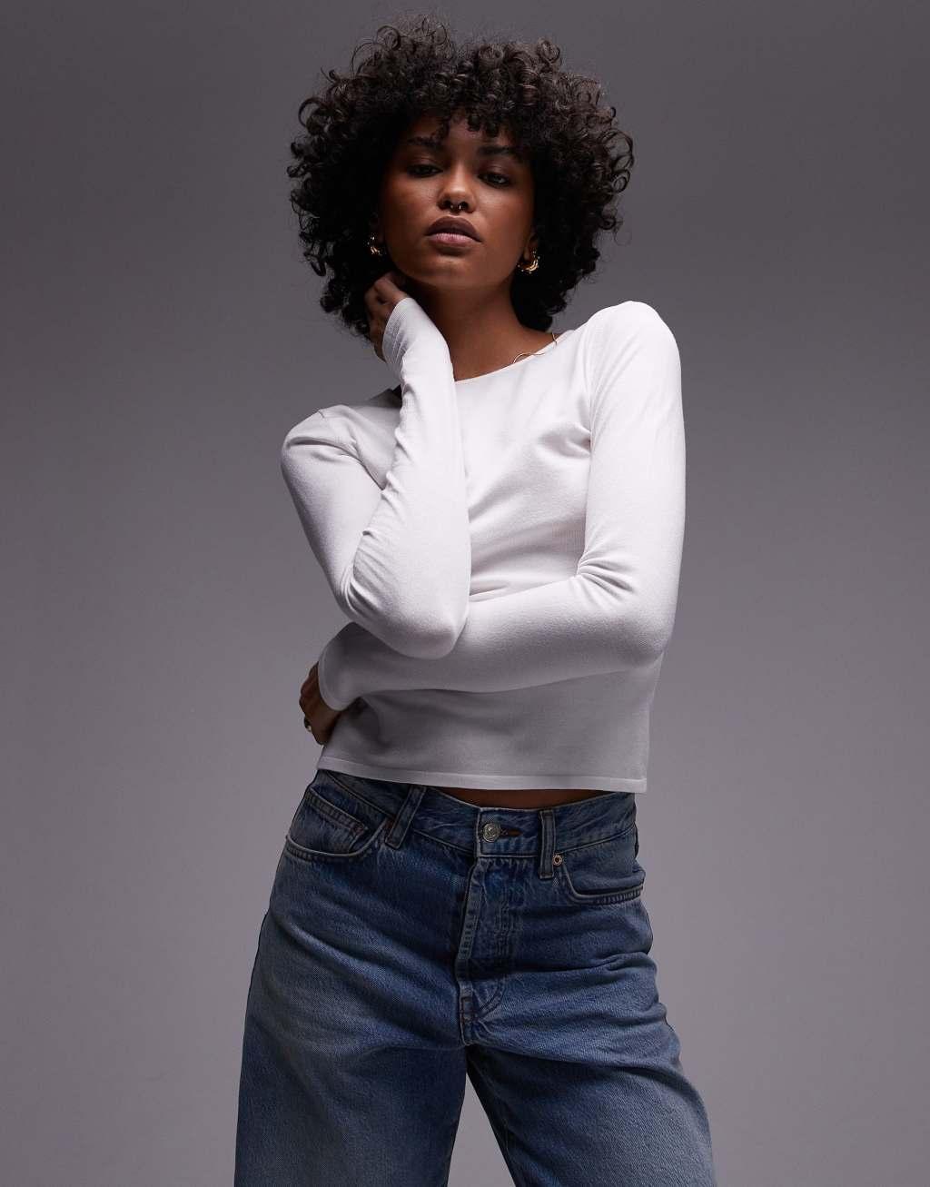 Mango classic long sleeve top in white Product Image