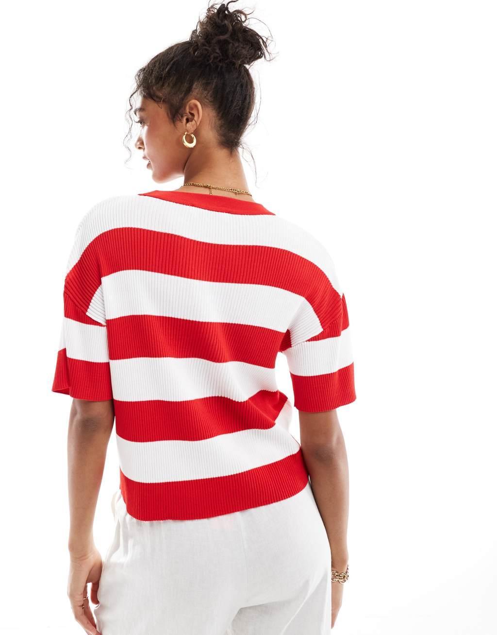 Mango stripe short sleeve knitted top in red and white Product Image