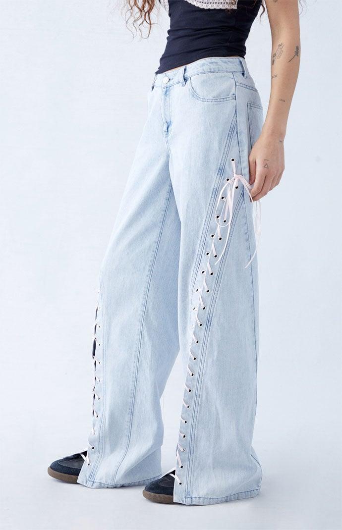 Women's Light Indigo Bow Ribbon Lace Up Low Rise Baggy Jeans Product Image