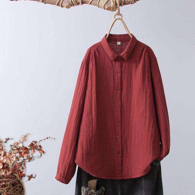 Long Sleeve Lapel Neck Plain Linen Shirt Product Image