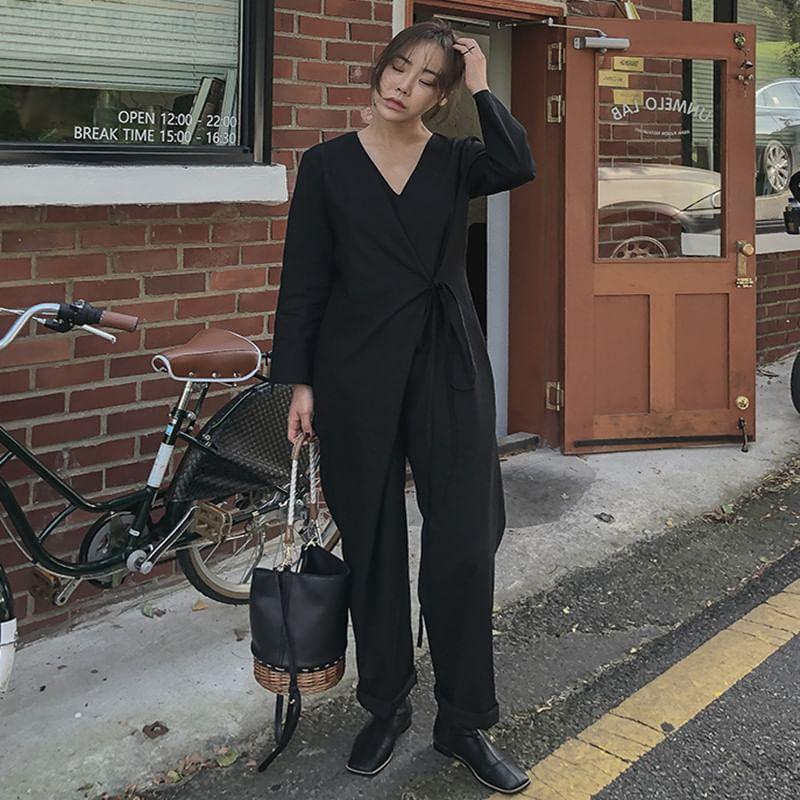 Long-Sleeve V-Neck Plain Loose Fit Jumpsuit Product Image