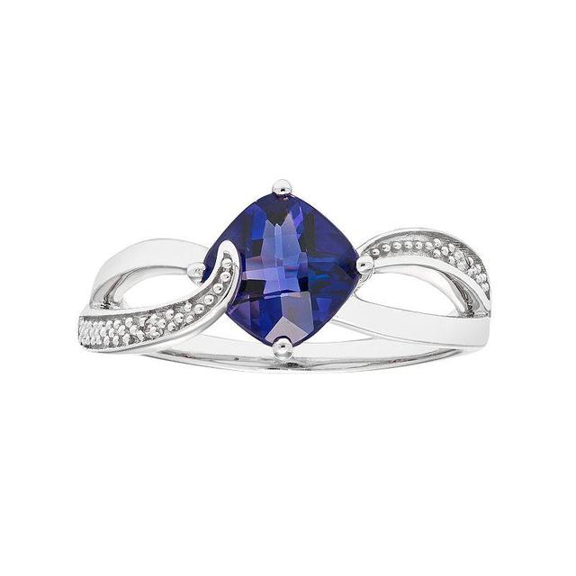 Sterling Silver Lab Created Blue Sapphire & Diamond Accent Cushion Bypass Ring, Womens Product Image