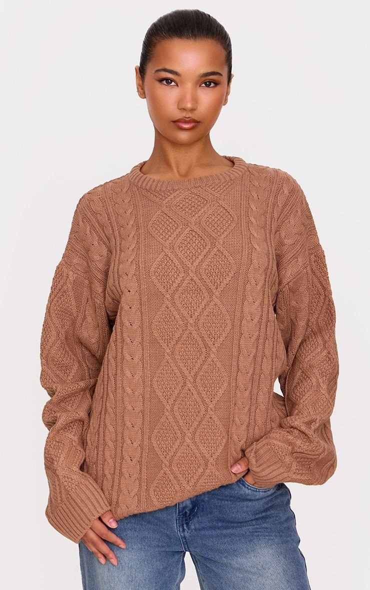 Taupe Textured Cable Knit Oversized Sweater product image