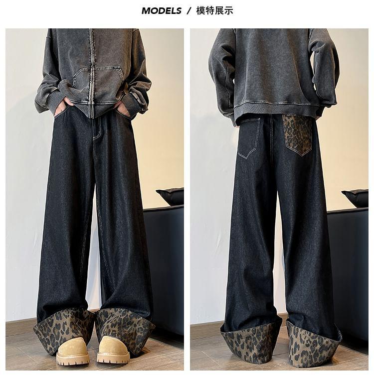 High Waist Leopard Print Wide Leg Jeans Product Image