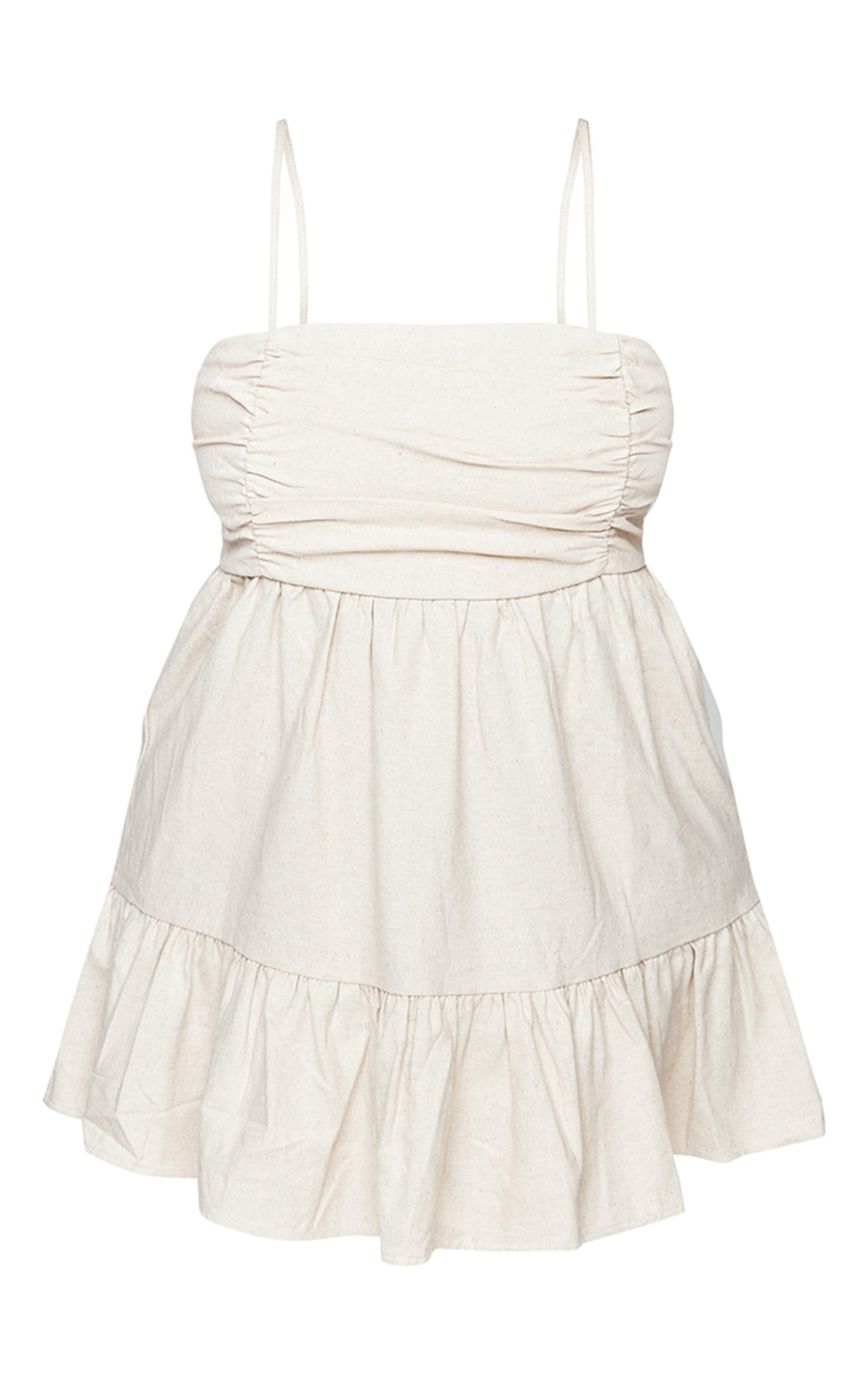 Plus Stone Linen Ruched Bust Detail Tiered Hem Mini Dress Product Image