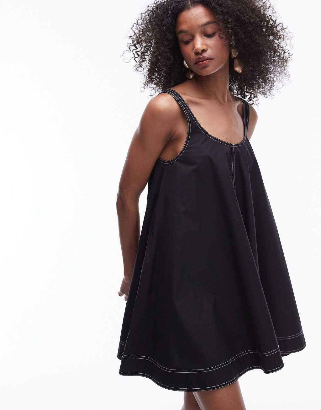 Topshop poplin trapeze mini dress with topstitch detail in black Product Image