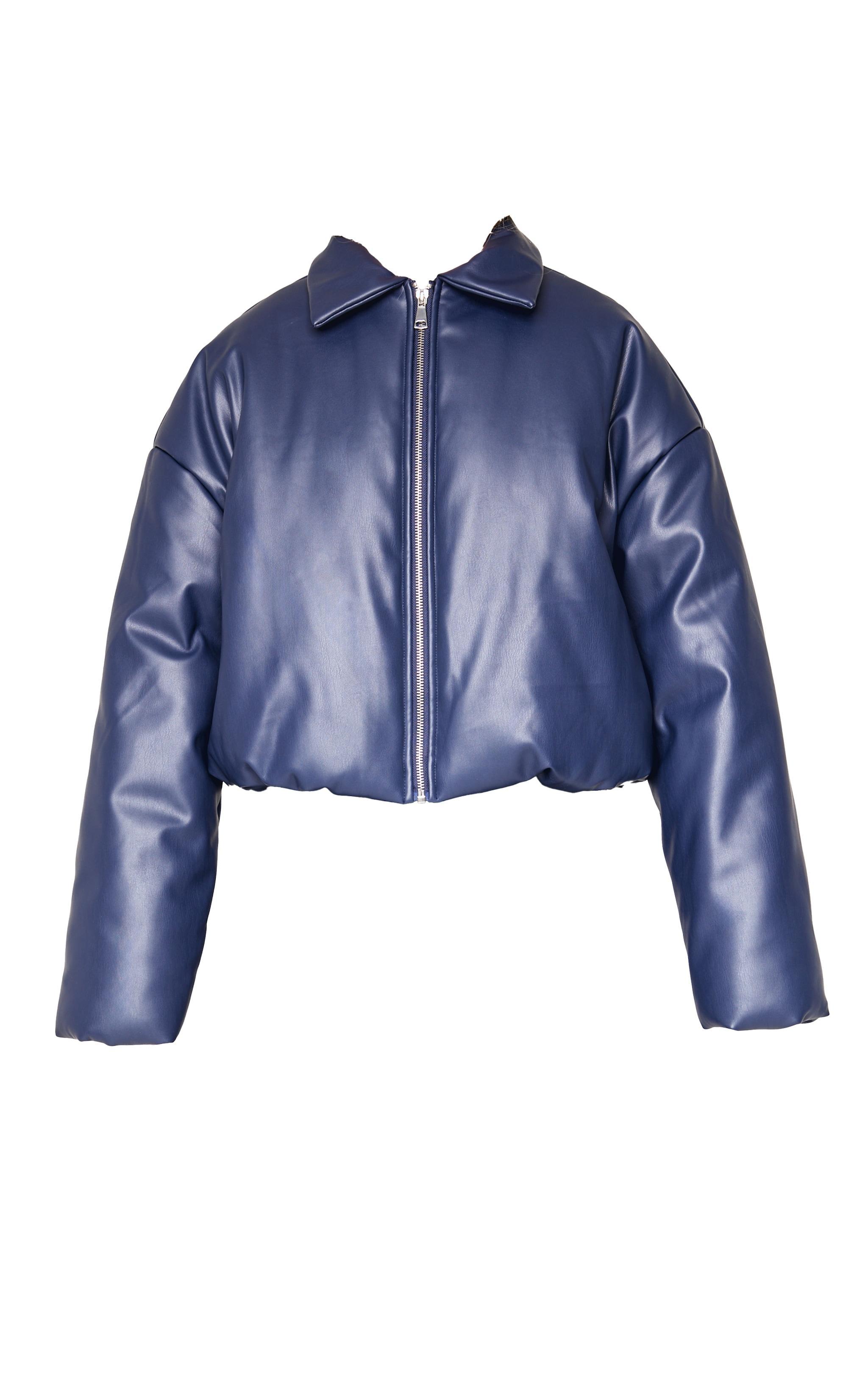 Midnight Blue Faux Leather Collar Detail Puffer Jacket Product Image