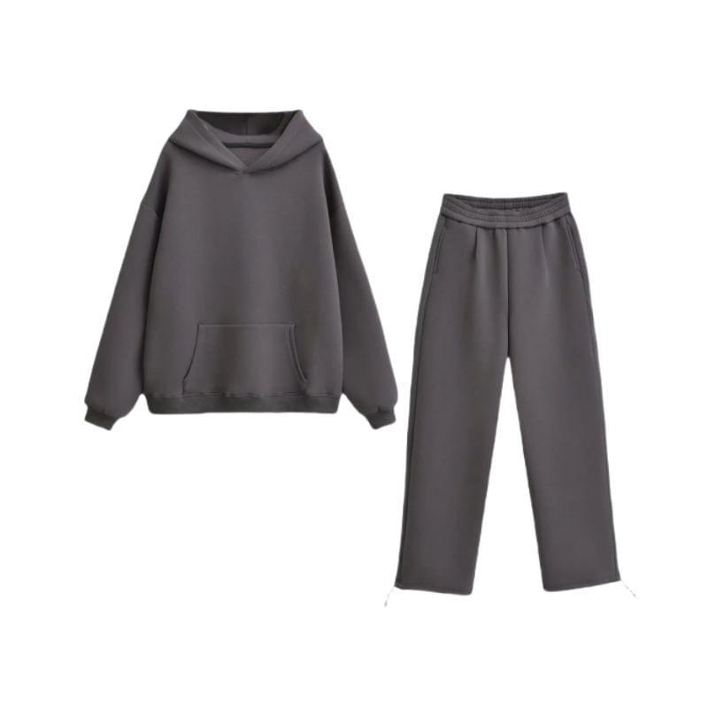 Plain Hoodie / Elastic Waist Straight Leg Sweatpants / Set Product Image