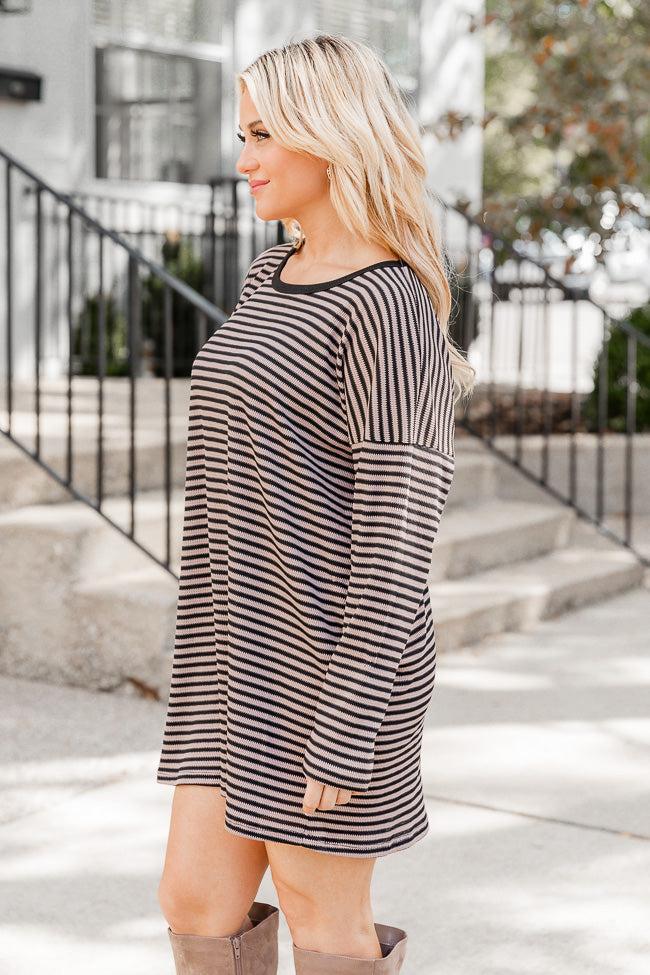 Brown and Black Striped Long Sleeve Ribbed T-Shirt Dress FINAL SALE Product Image