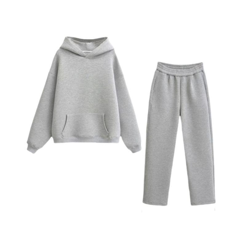 Plain Hoodie / Elastic Waist Straight Leg Sweatpants / Set Product Image