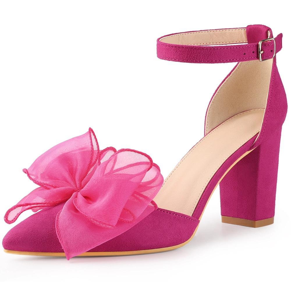 Allegra K Women's Bow Knot Pointed Toe Block Heel Pumps Hot Pink 9.5 Product Image