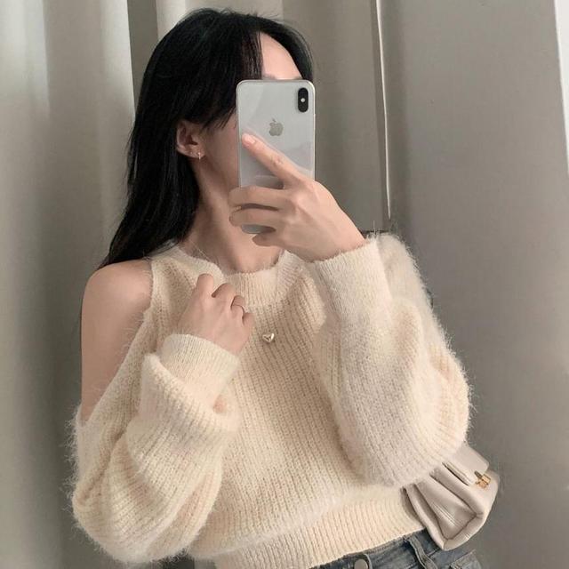 Cold Shoulder Plain Ribbed Knit Oversized Sweater Product Image