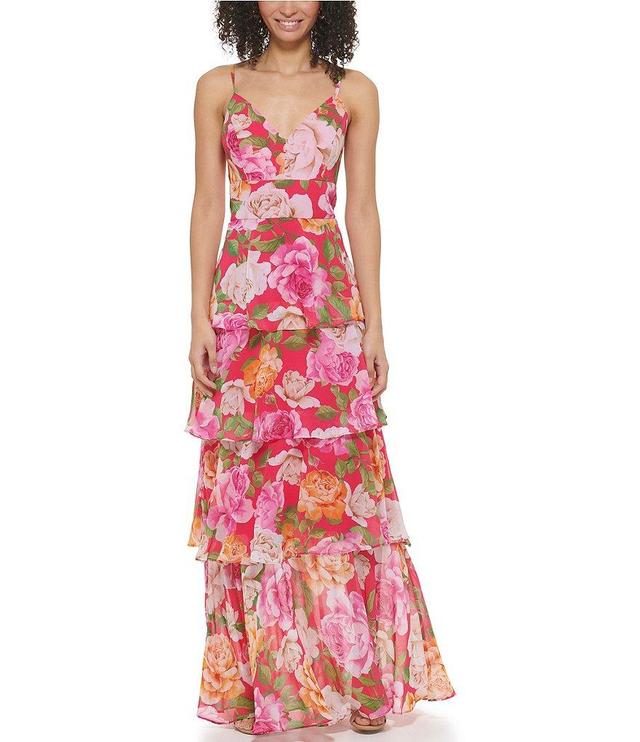 Eliza J Floral Printed Chiffon V-Neck Sleeveless Tiered Gown Product Image