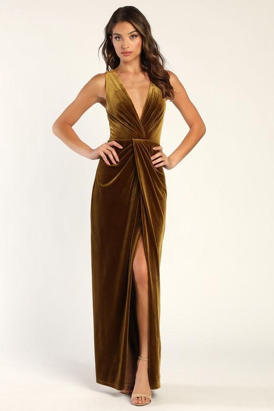 Beautiful Evenings Olive Green Velvet Twist-Front Maxi Dress Product Image