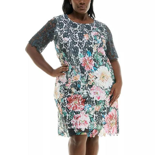 Plus Size Nina Leonard Elbow Sleeve Lace Print Dress, Womens Grey Product Image