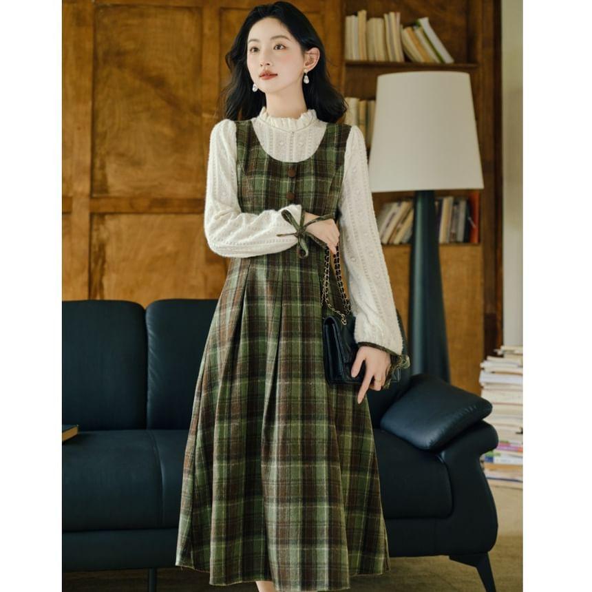 Mock Two-Piece Long-Sleeve Plaid Panel Frill Trim Midi A-Line Dress Product Image