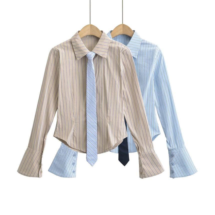 Long Sleeve Collared Striped Shirt with Necktie Product Image