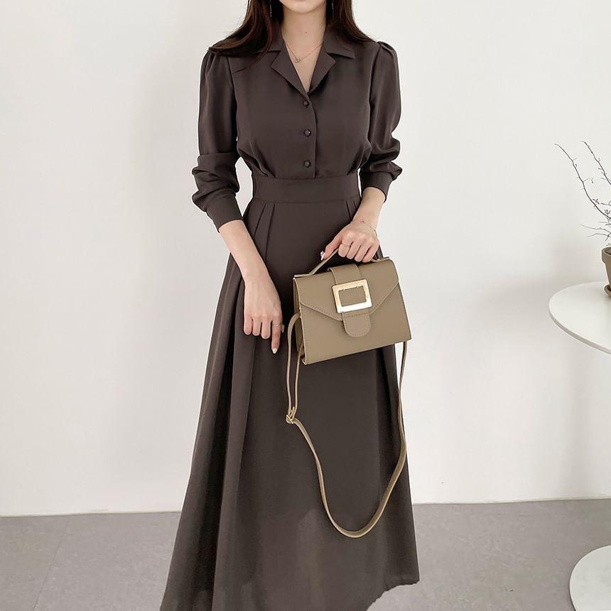 Long-Sleeve Plain Midi A-Line Shirt Dress Product Image