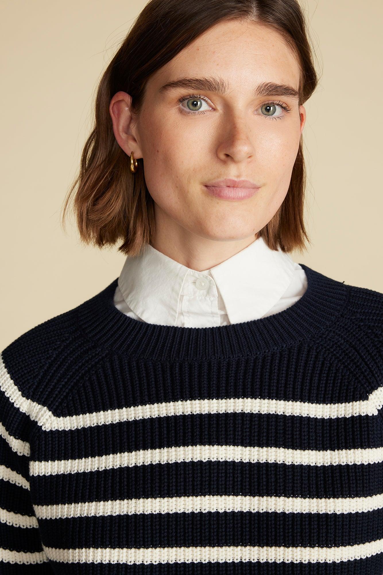 Layla Organic Cotton Sweater - Navy Blue and Ivory Stripe Product Image