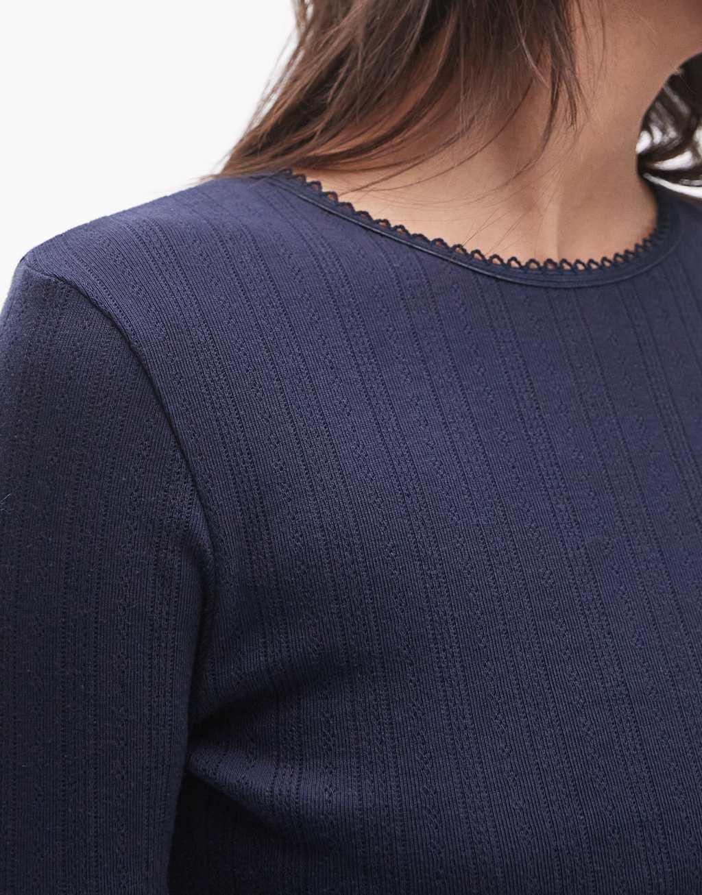 Topshop picot trim pointelle long sleeve top in navy Product Image