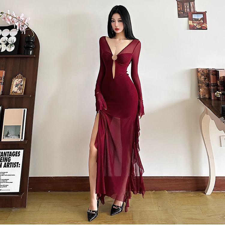 Long-Sleeve V-Neck Plain Ruffle Maxi Sheath Dress Product Image