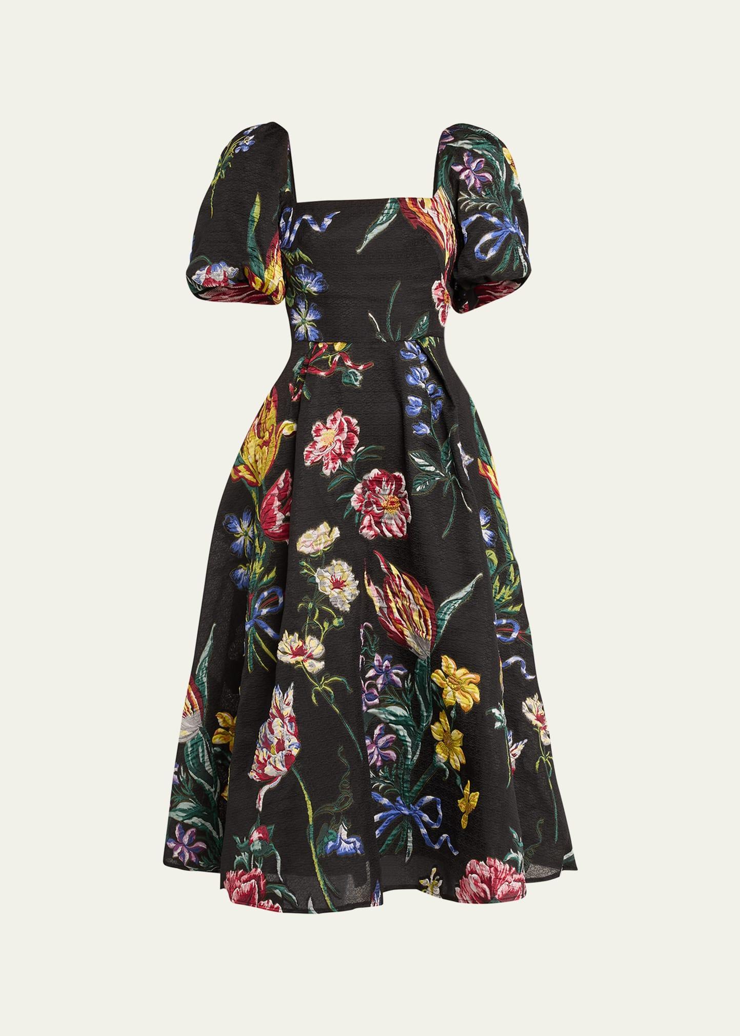 Womens Floral Jacquard Puff-Sleeve A-Line Dress Product Image