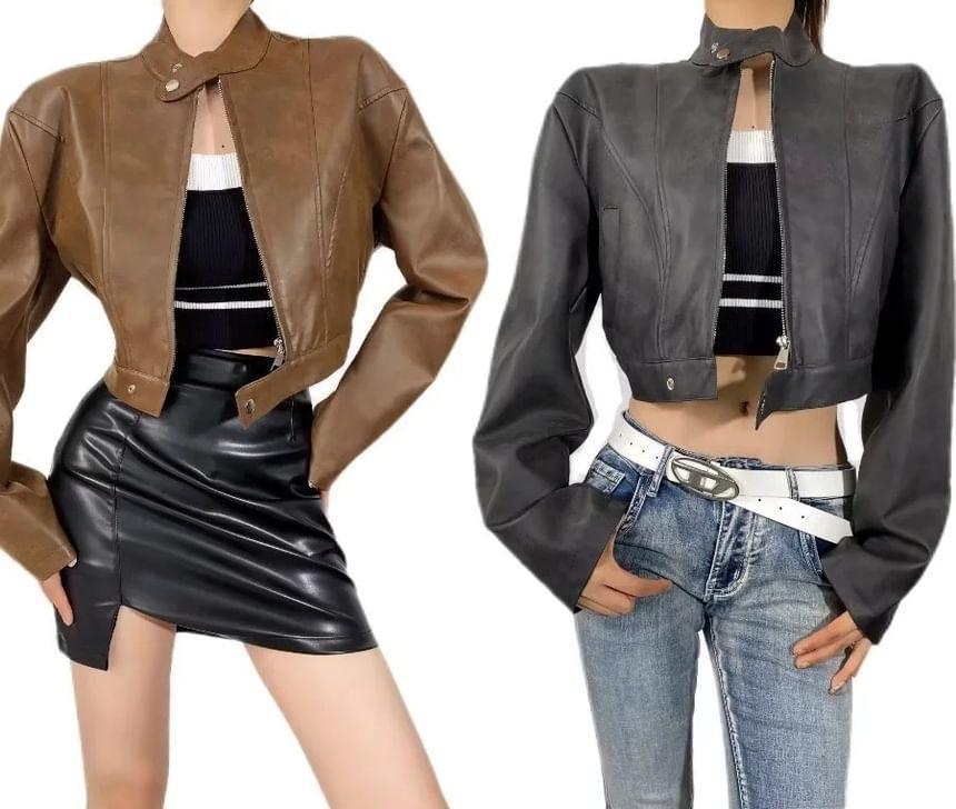 Faux Leather Zip-Up Crop Jacket Product Image