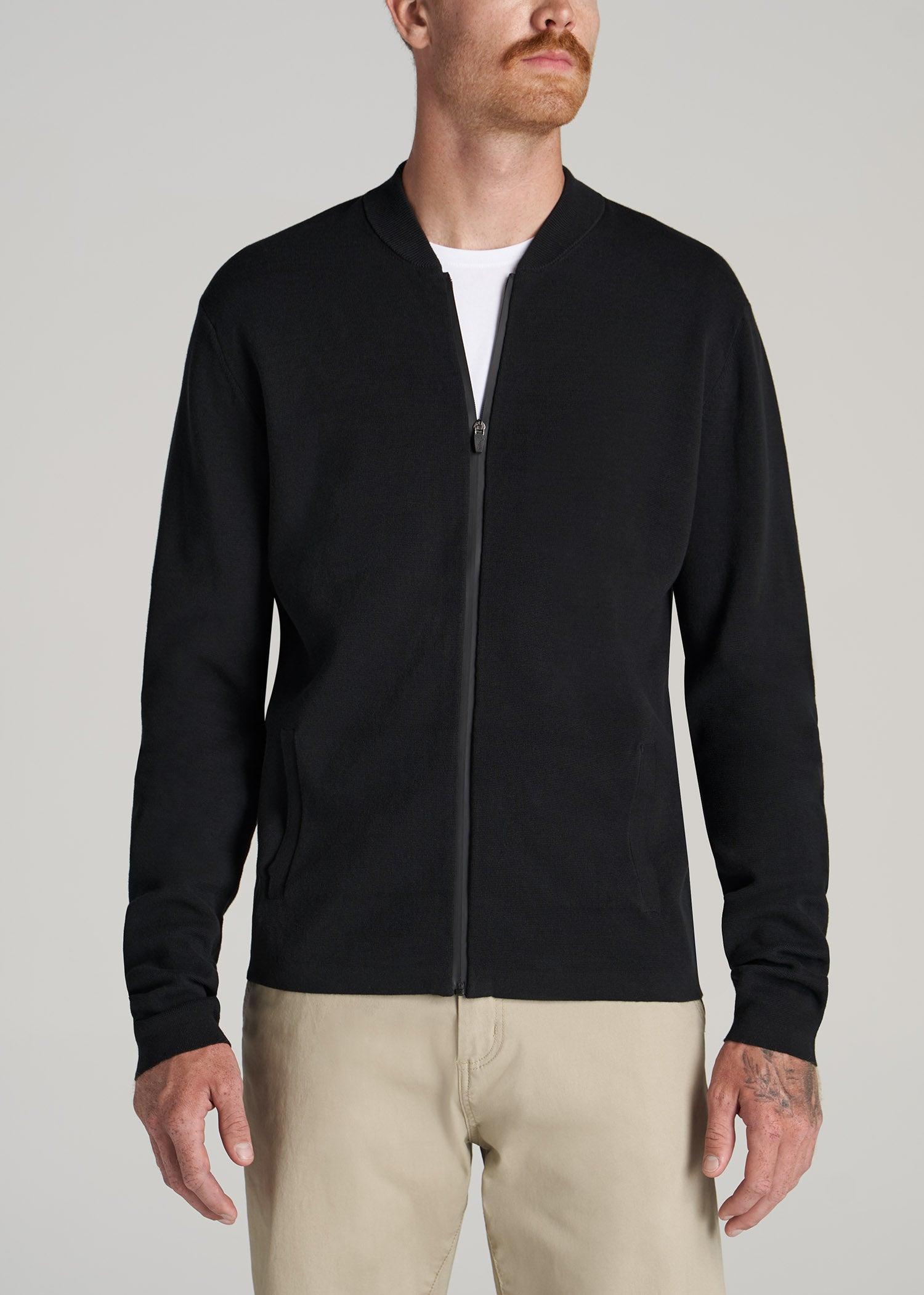 Full-Zip Baseball Collar Sweater for Tall Men in Black Product Image