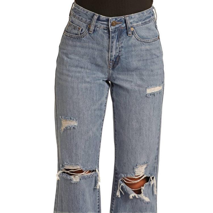 Rock & Roll Denim® Ladies' Light Vintage Wash Distressed Wide Leg Jeans Product Image