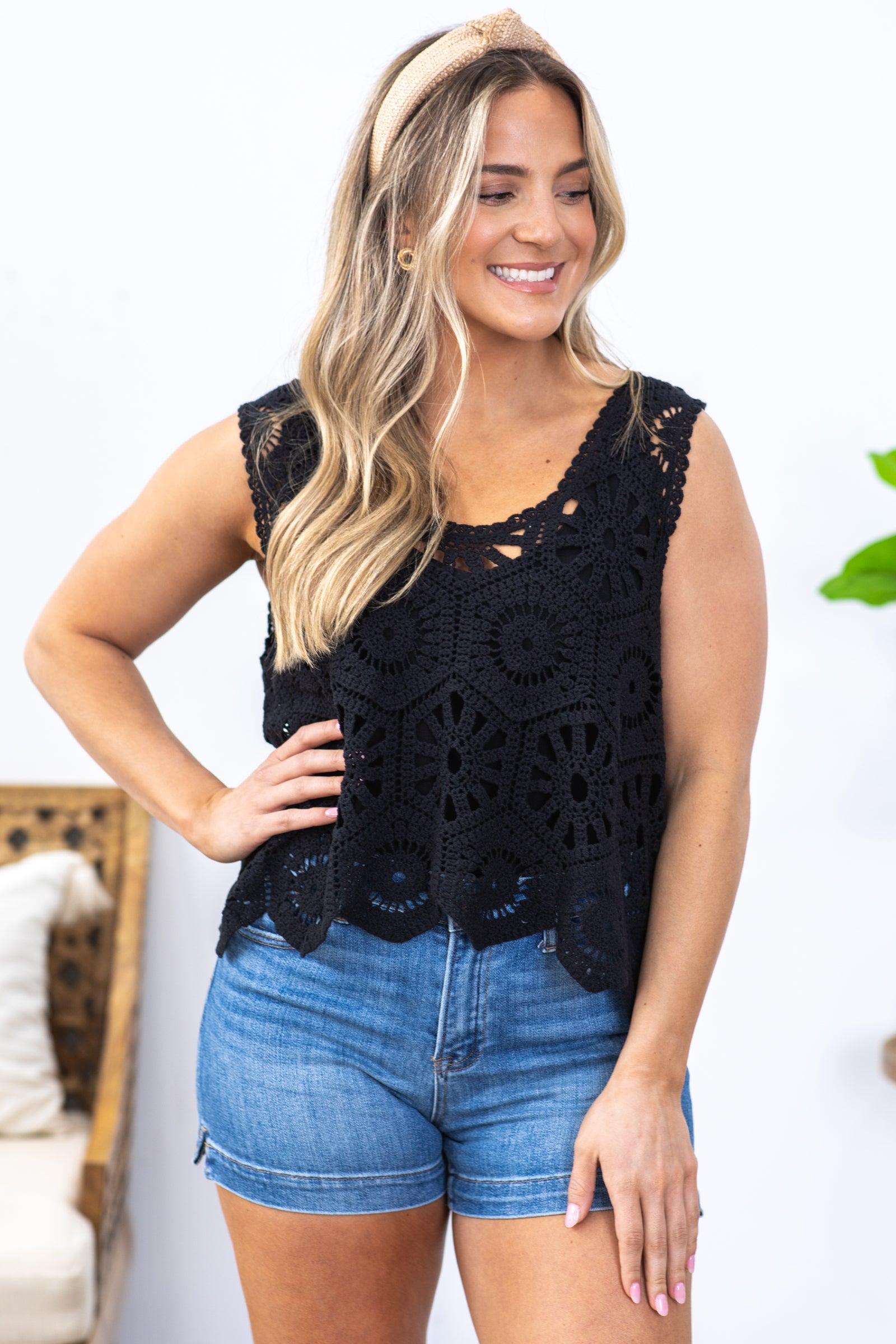 Black Casual Crochet Knit Tank Top Product Image