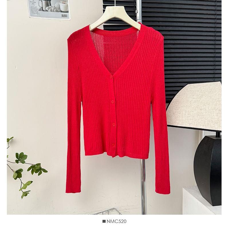 Long-Sleeve V-Neck Ribbed Light Cardigan in 9 Colors Product Image