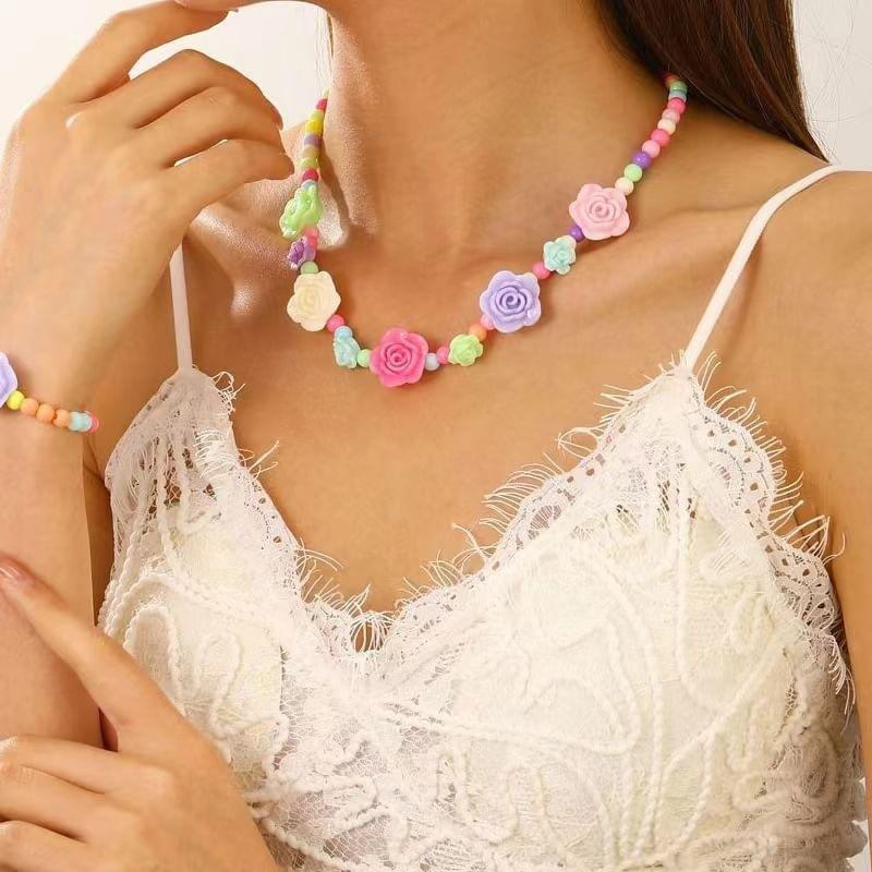 Set: Color Block Beaded Necklace + Beaded Bracelet Product Image