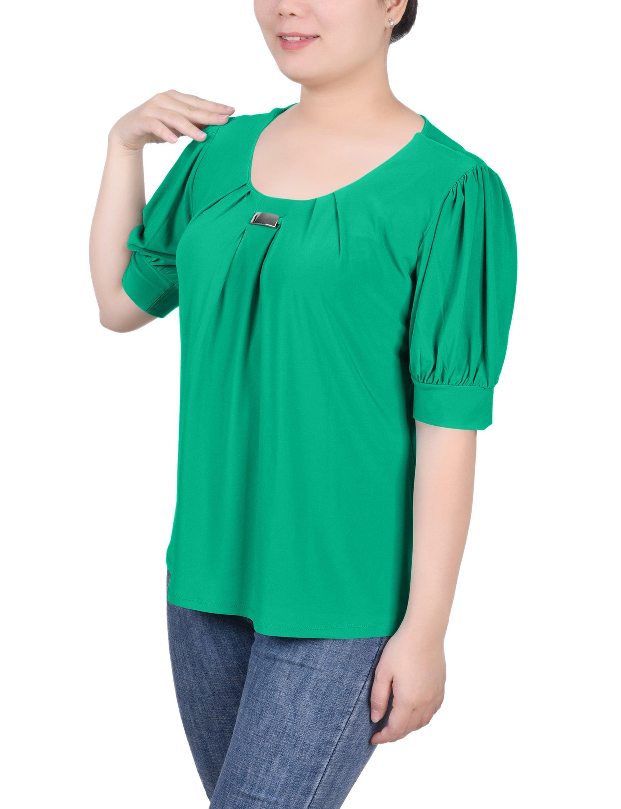 Short Sleeve Balloon Sleeve Top With Hardware - Petite Product Image