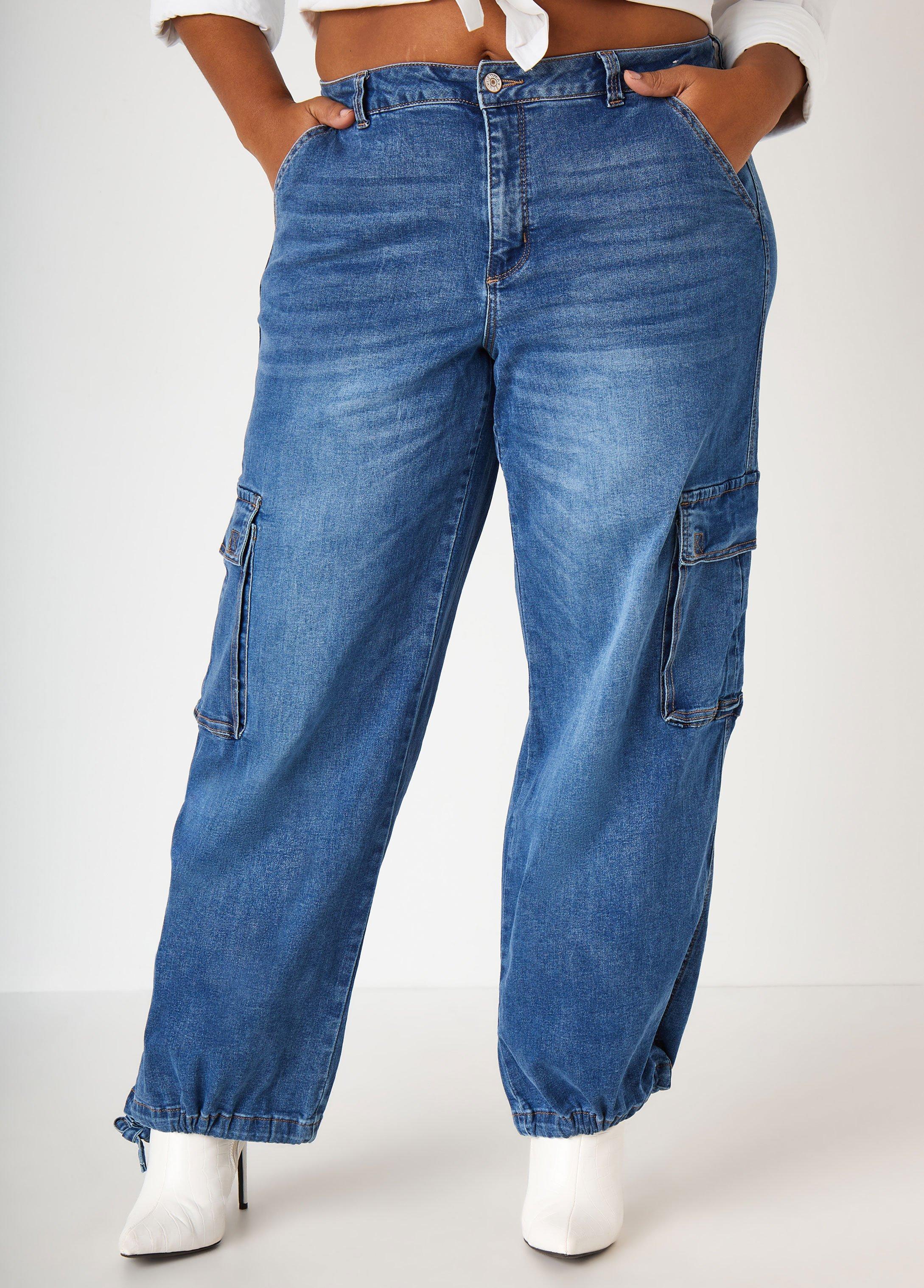 High Rise Drawstring Cargo Jeans Product Image