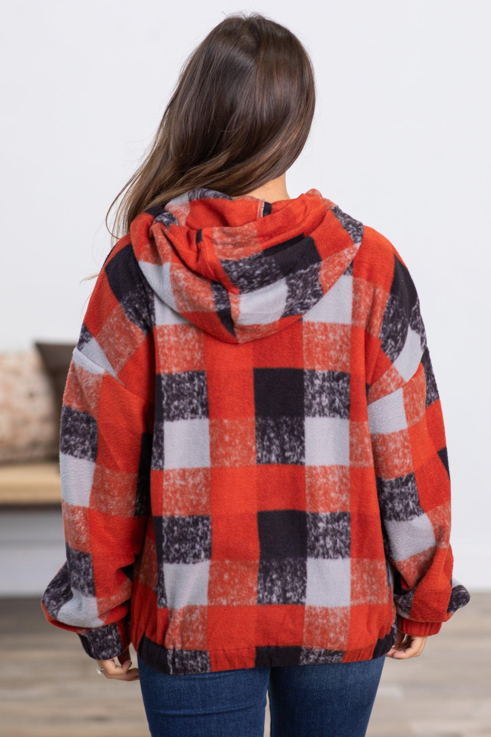 Rust and Black Plaid Fuzzy Hooded Top Product Image