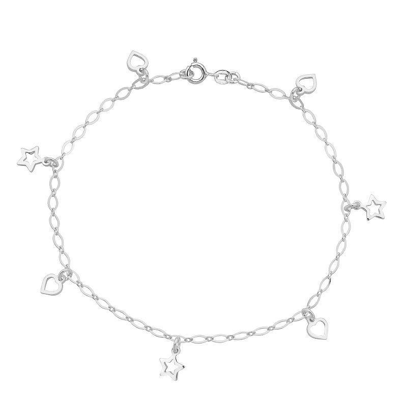 Sterling Silver Star & Heart Anklet, Womens Product Image