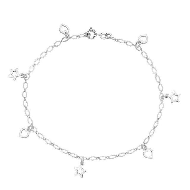 Sterling Silver Star & Heart Anklet, Womens Product Image