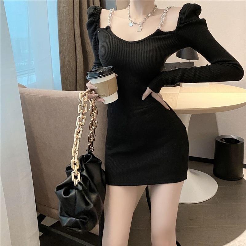 Long-Sleeve V-Neck Plain Chain Strap Ribbed Knit Mini Bodycon Dress Product Image