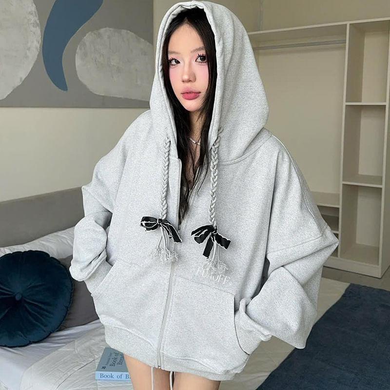 Ribbon Accent Zip-Up Hoodie Product Image