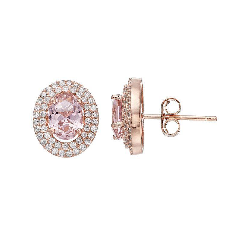 18k Rose Gold Over Silver Pink Crystal & Cubic Zirconia Oval Halo Stud Earrings, Womens, Pink Tone Product Image