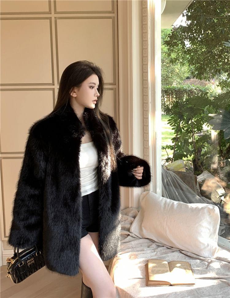 Stand Collar Faux Fur Fluffy Coat Product Image