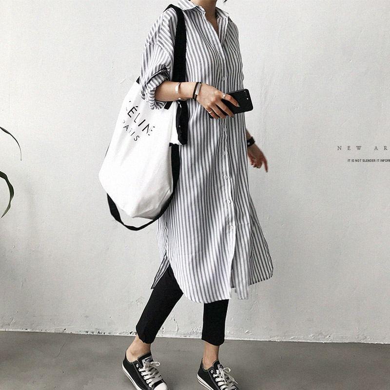 Long-Sleeve Striped Shirt Dress Product Image