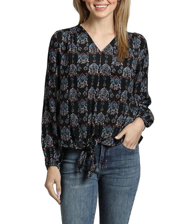 APNY Printed V-Neckline Long Sleeve Tie Front Top Product Image