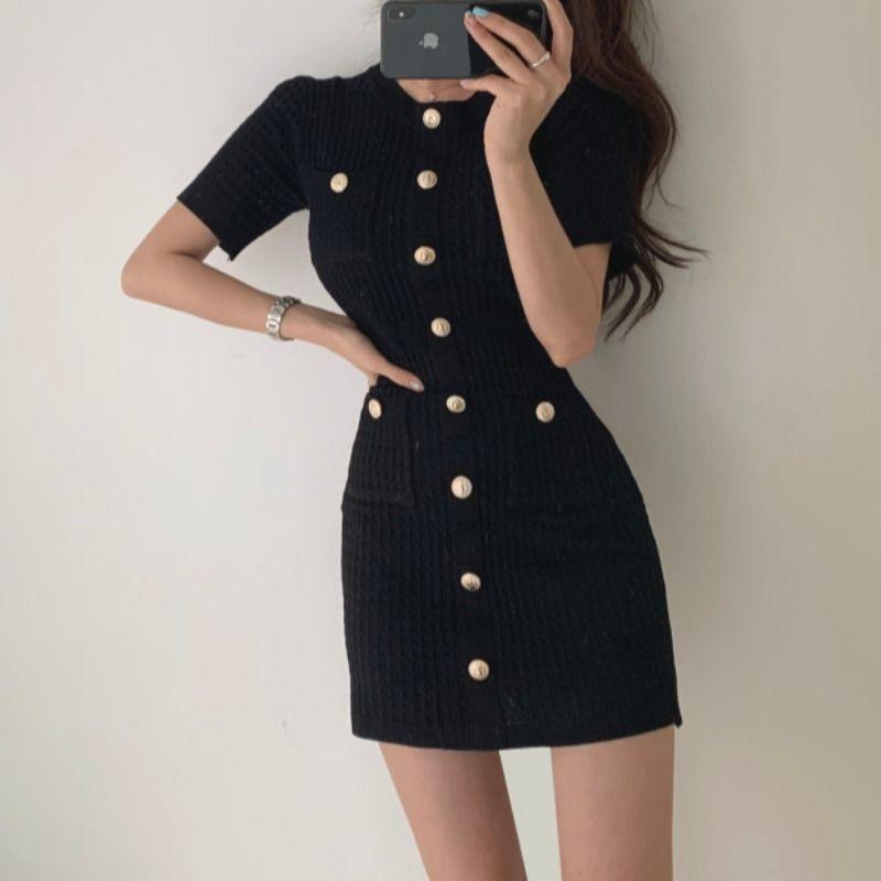 Short-Sleeve Contrast Trim Bodycon Knit Dress Product Image