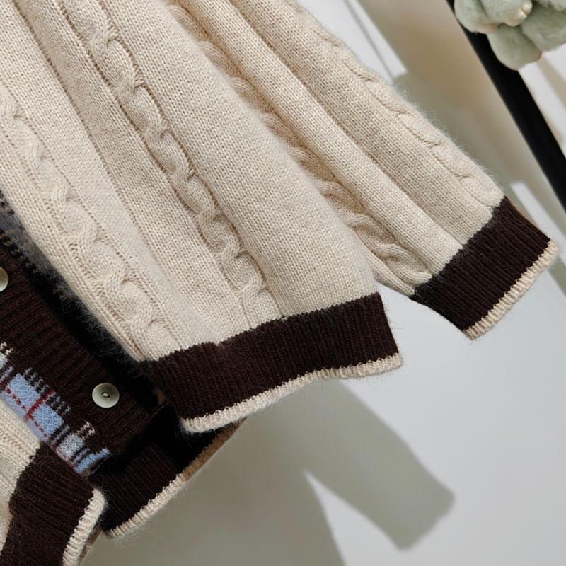 V-Neck Plaid Panel Cable Knitted Button Cardigan Product Image